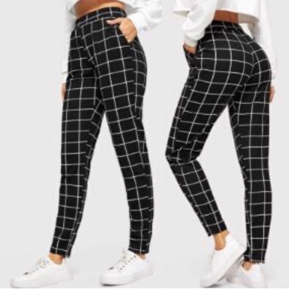 Elastic Waist Black Plaid Pants - Picture 2 of 4